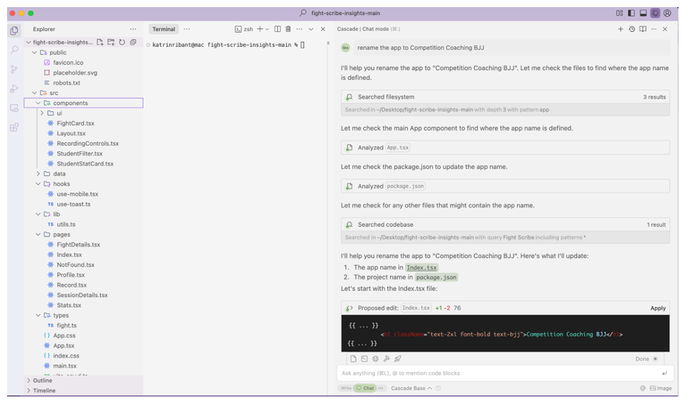 Screenshot of a VS Code window showing a React/TypeScript project open. The left sidebar displays the file explorer with folders such as src, components, pages, and types. On the right side, an AI chat panel provides guidance on renaming the app to "Competition Coaching BJJ," showing searched files, analyzed components, and a proposed code edit. The terminal is visible at the top, and the chat messages describe updating index.tsx and package.json.
