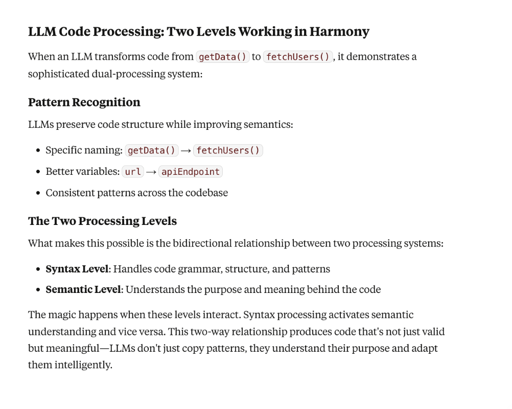 Diagram explaining how LLMs transform code using pattern recognition, improved naming, and two processing levels - syntax handling structure and semantics interpreting meaning.
